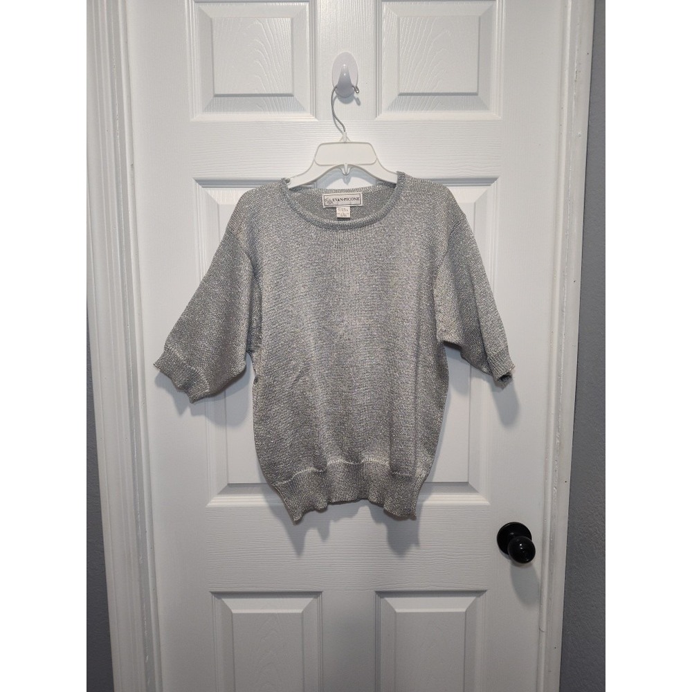 EVAN PICONE Womens‎ Silver Metallic Knitted Pullover Sweater Large Crewneck